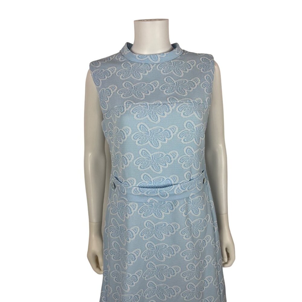 Vintage 60s Sheath Dress Womens Small Ice Blue Patterned Polyester Knee Length - Picture 3 of 11